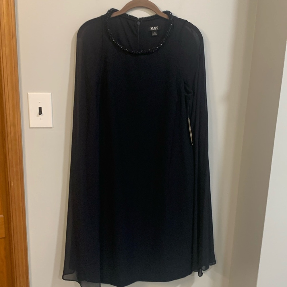 SLNY Navy Blue Beaded Neck A-Line Midi Dress Sheer Cape Overlay‎ NWT Size 10